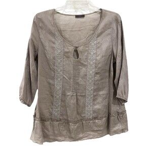 NWT Wrap Women’s Boho Peasant Blouse 100% Ramie Taupe Metallic Embroidery UK 12